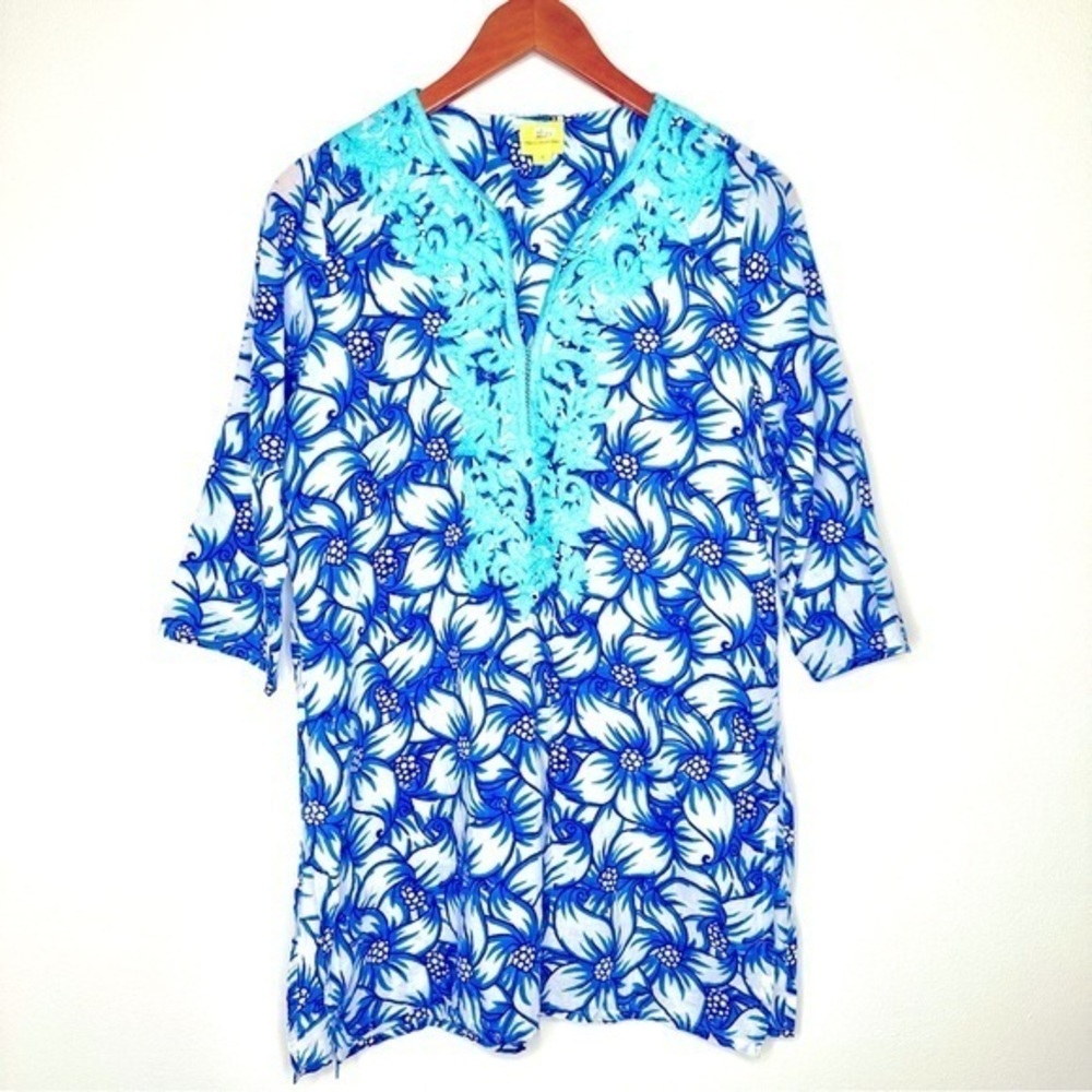 Roberta Roller Rabbit Embroidered Blue White Swim Beach Coverup Size Small